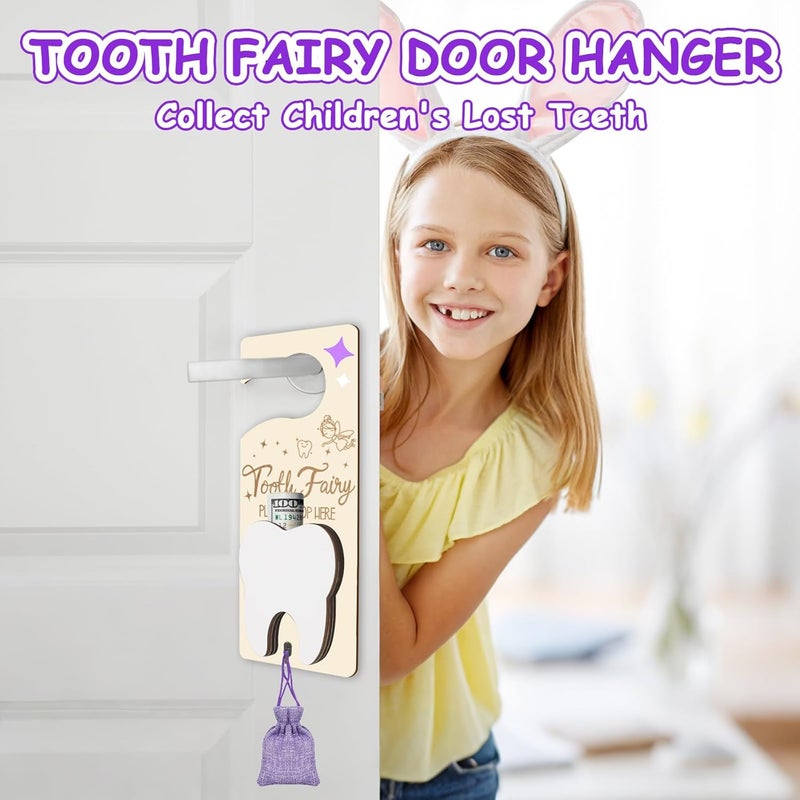 AINBIN Tooth Fairy Door Hanger with Money Slot Keepsake Bottle Burlap Pouch & Upgrade Night Light, Cute Wooden Tooth Fairy Holder Kit for Lost Teeth Kids Children Boys Girls Encourage Gift (Purple) - Image 2